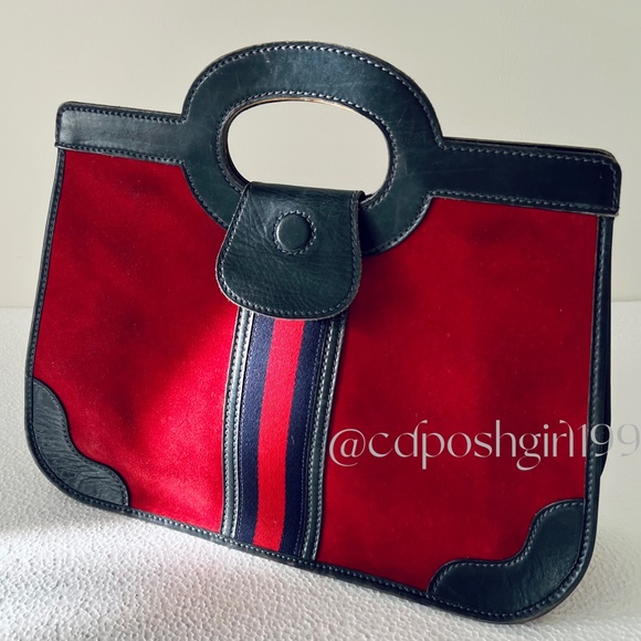Vintage Gucci 1970s hand bag with cut out top handle red Nubuck navy leather web - Picture 1 of 17